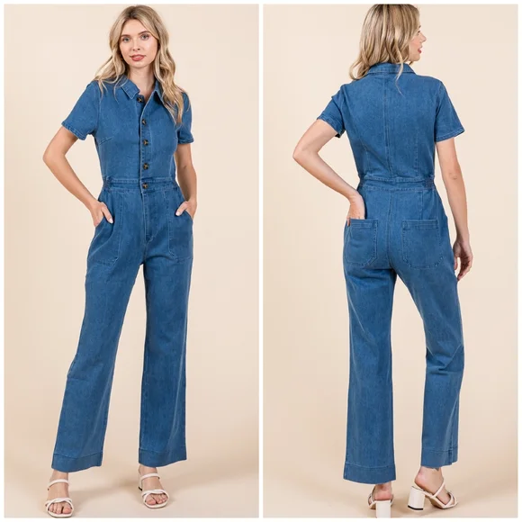 Gorgeous Boho Denim Short Sleeves Jumpsuit - Picture 2 of 11
